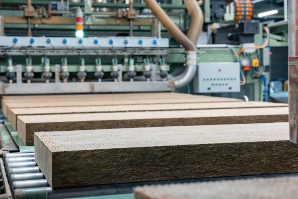 Flumroc production line with rectangular stone wool boards on a conveyor.