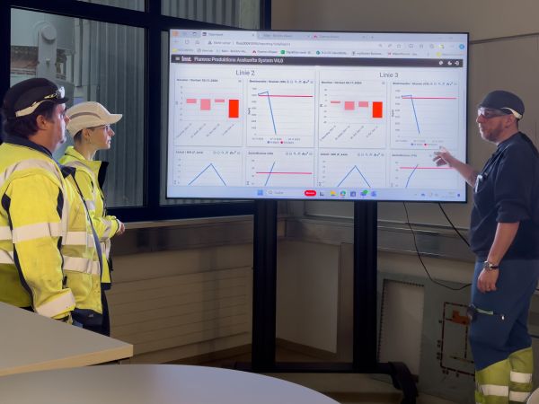 Three workers in safety gear discussing production data displayed on a large screen with charts and graphs.